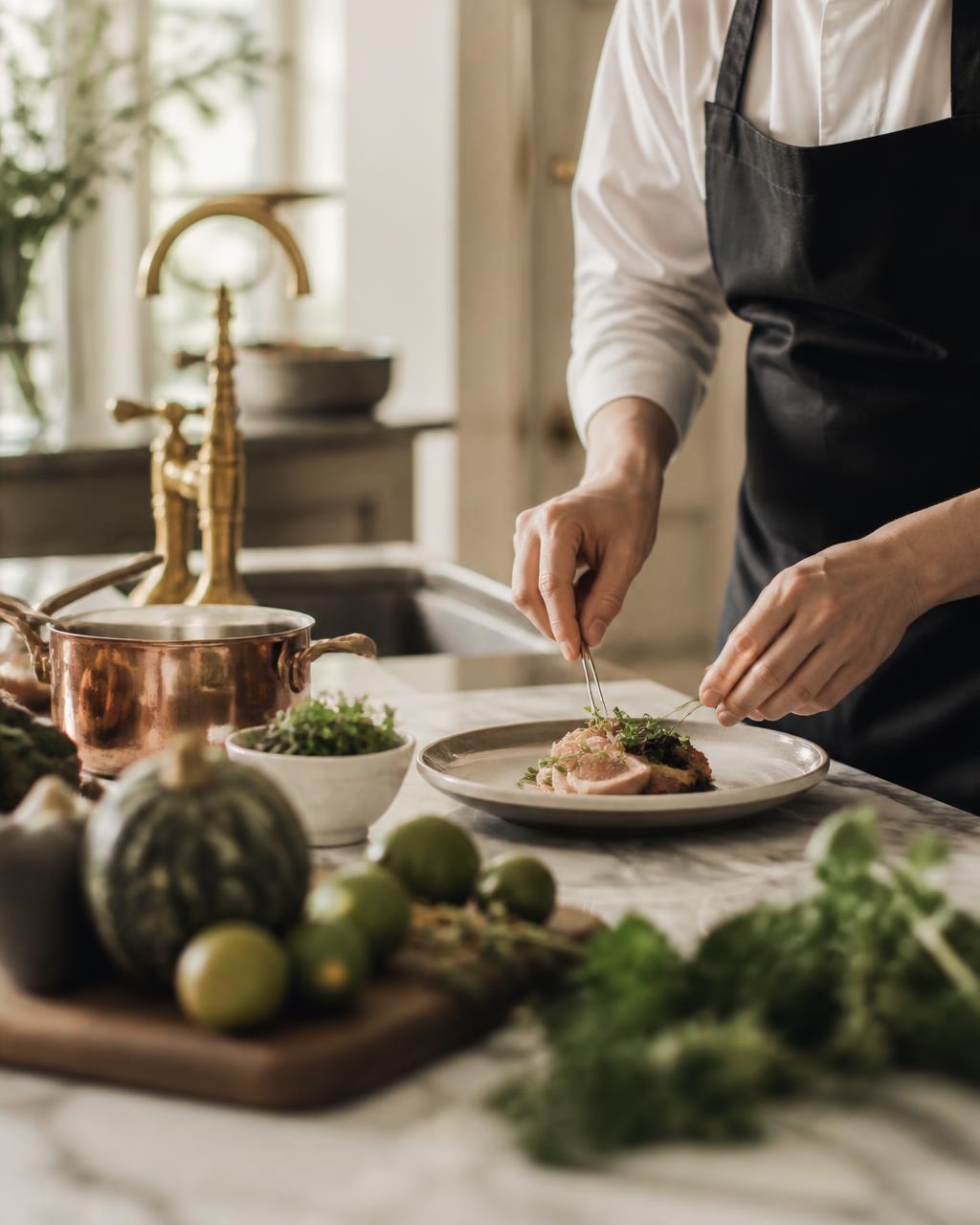 Chef privé préparant un repas dans une cuisine résidentielle